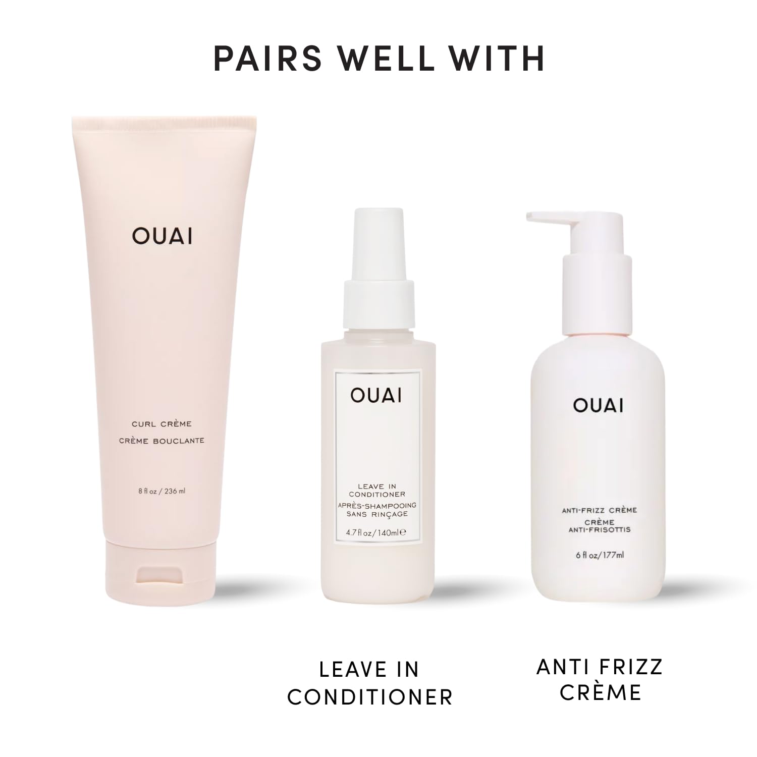 OUAI curl cream label detail showing brand and clean styling promise