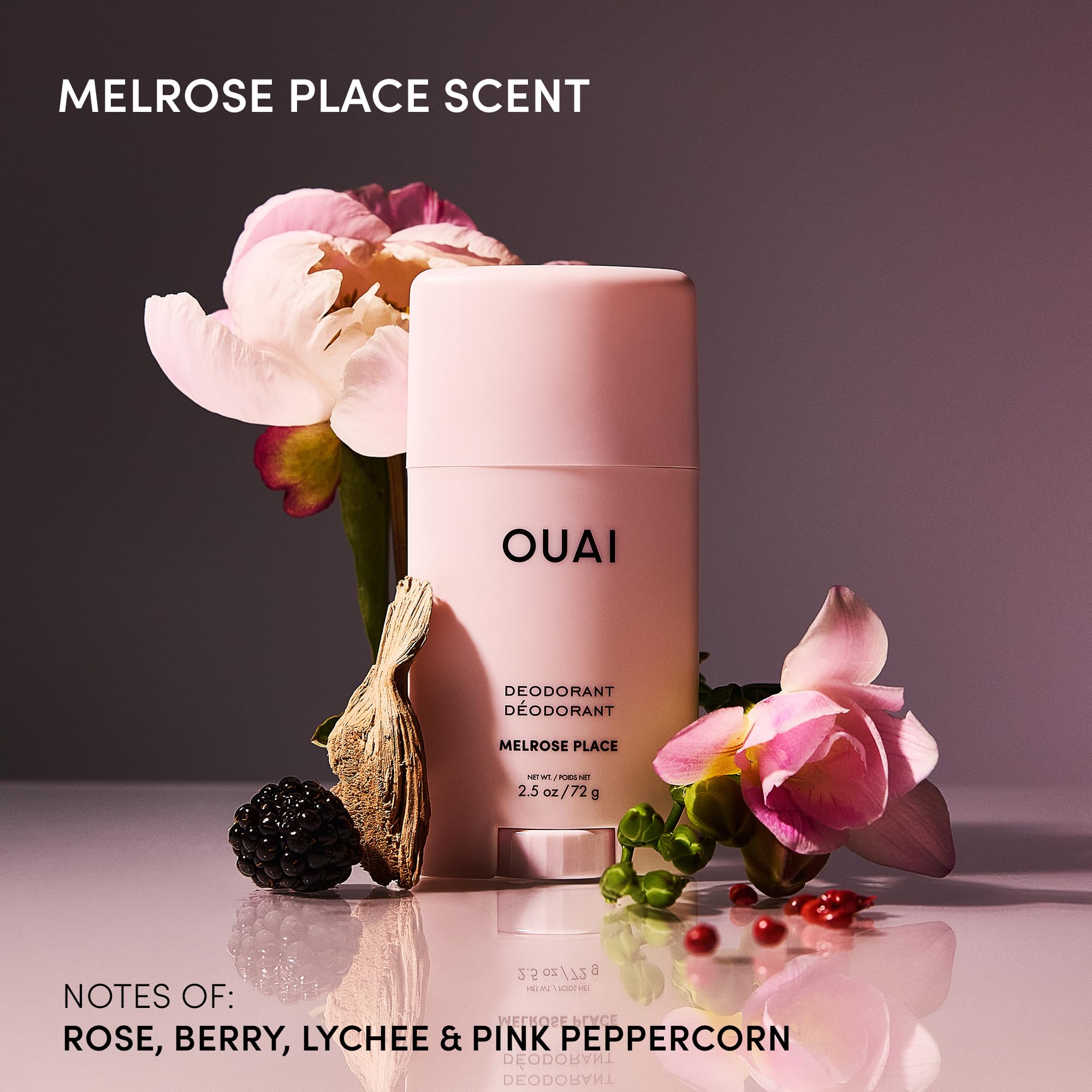 OUAI deodorant packaging detail highlighting label and portability benefit