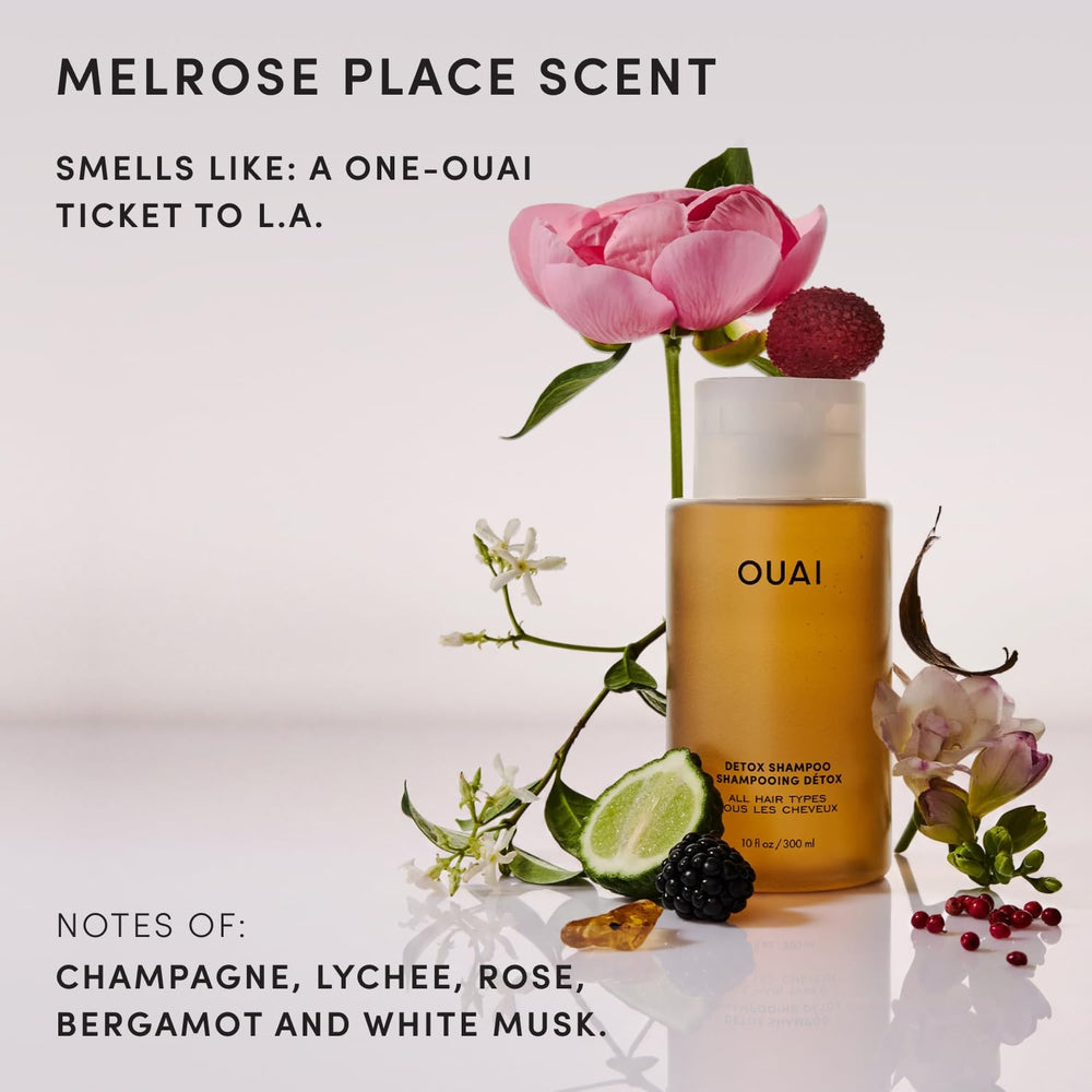 OUAI Detox Shampoo staged in bathroom to show lifestyle convenience and routine
