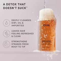 OUAI shampoo lathers into foam demonstrating clarifying texture and effective cleanse