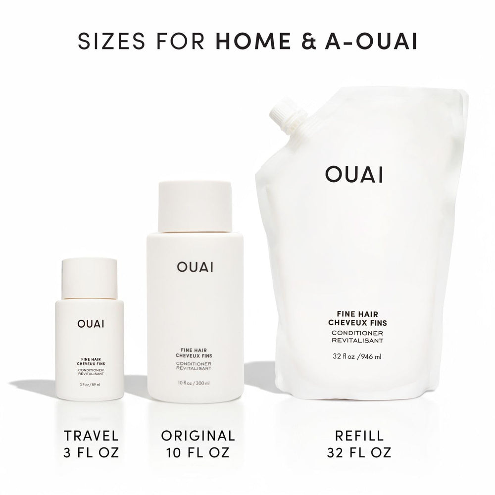 OUAI conditioner staged in bathroom setting showing travel-ready daily routine benefit