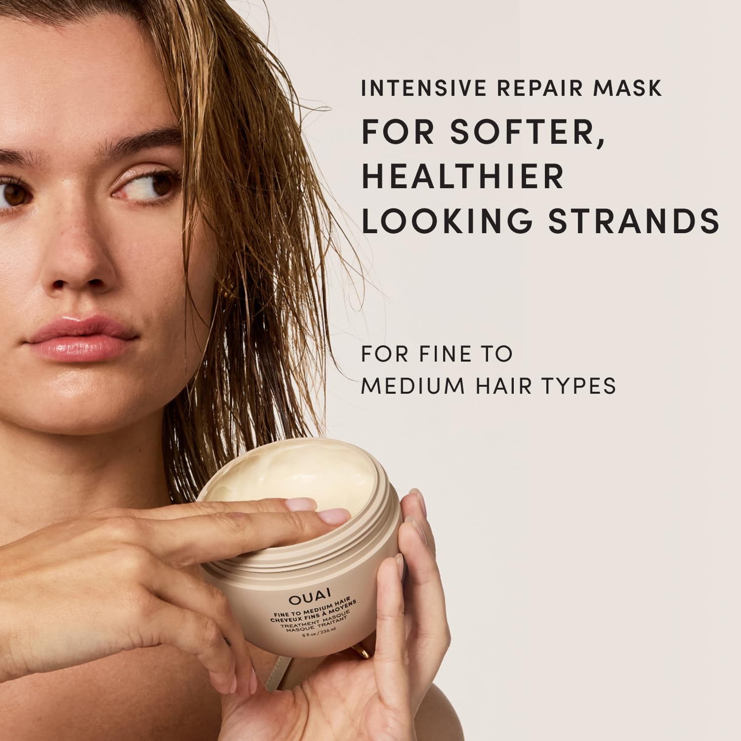 OUAI mask texture on fingertip demonstrating creamy lightweight consistency