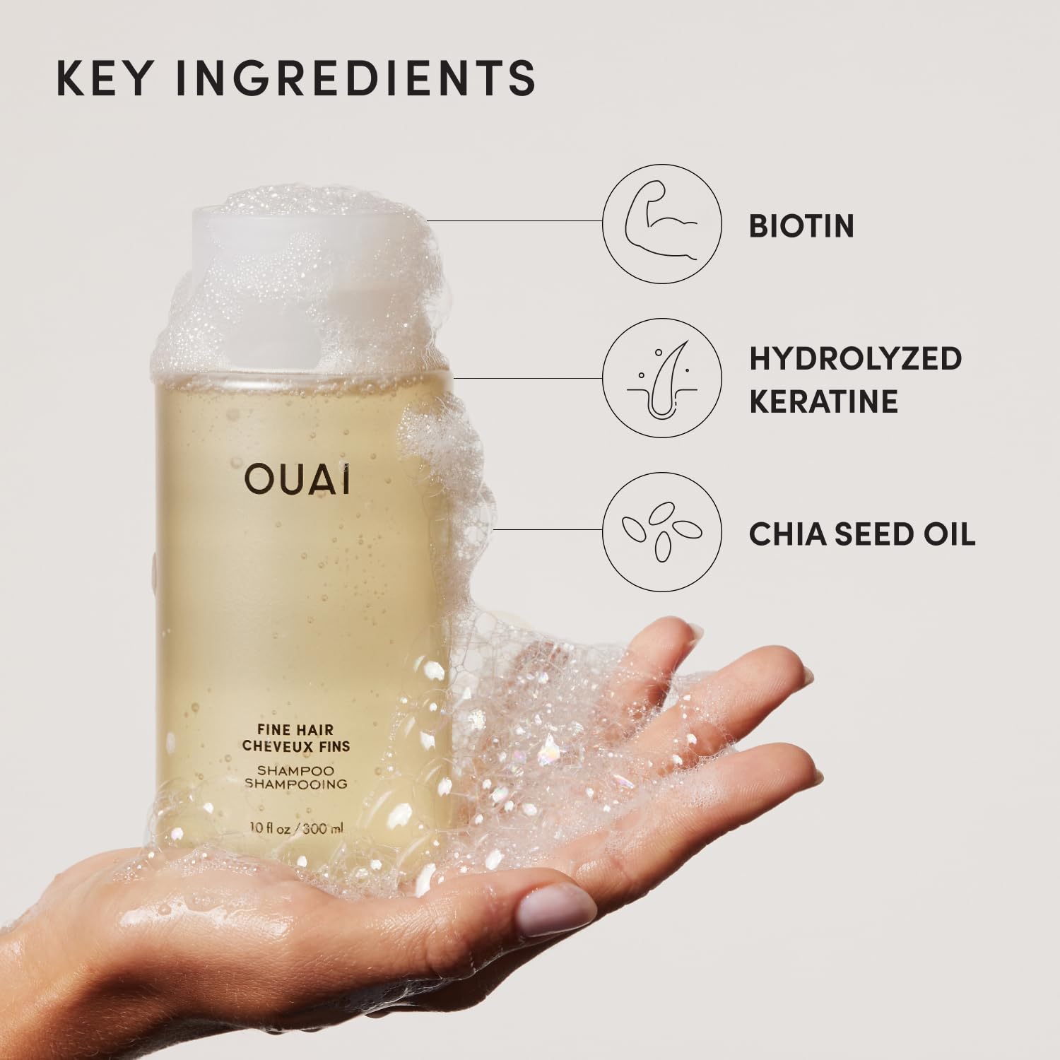 OUAI chia seed oil ingredient close-up emphasizing natural thickening benefit without weight