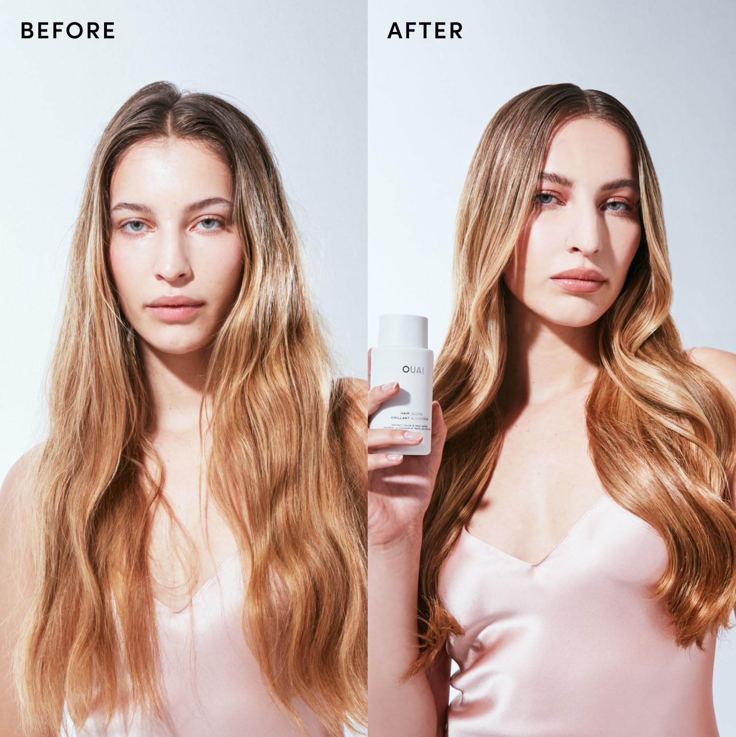 OUAI applied in shower on wet hair, showing quick five-minute shine benefit