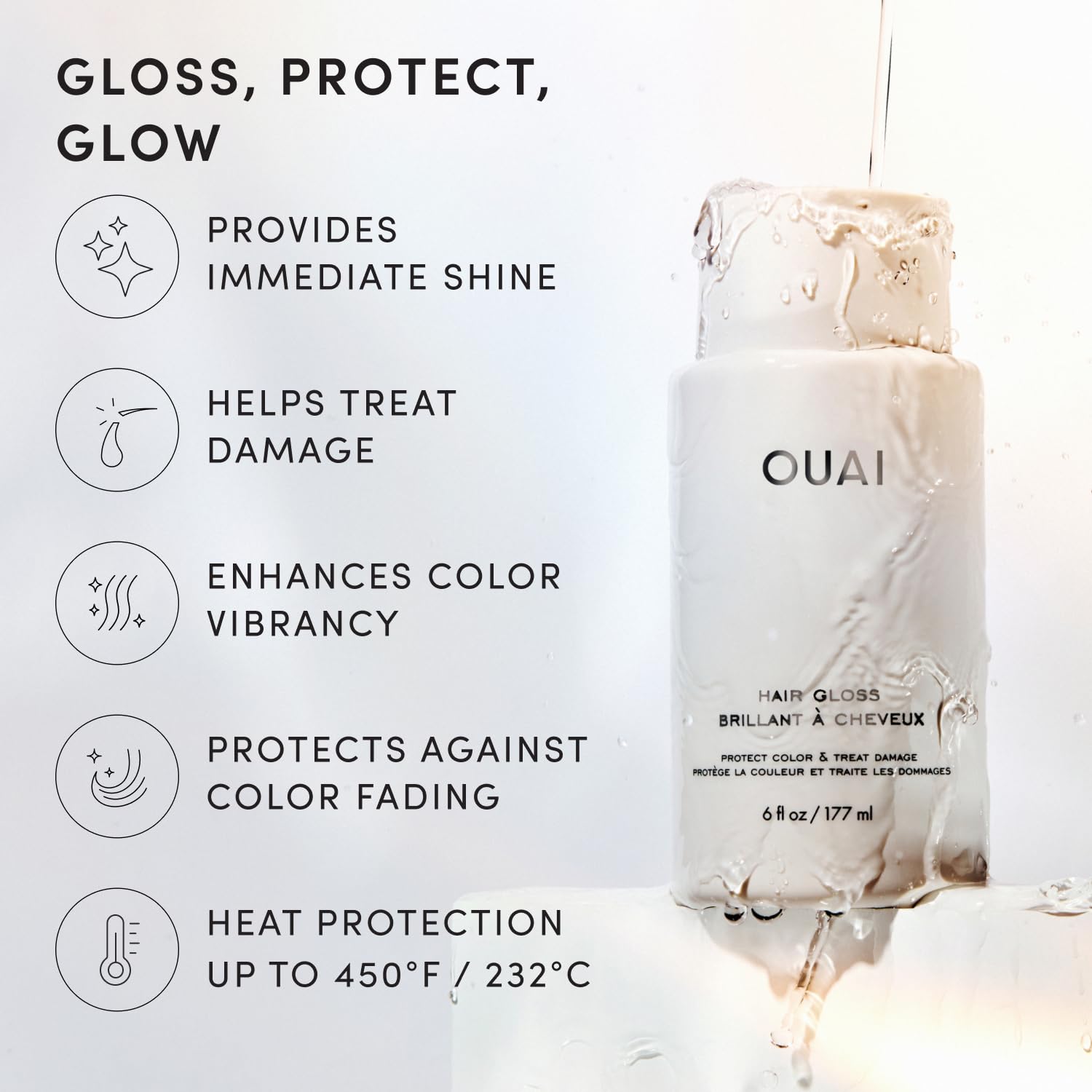 OUAI gloss texture close-up highlighting silky formula that smooths hair