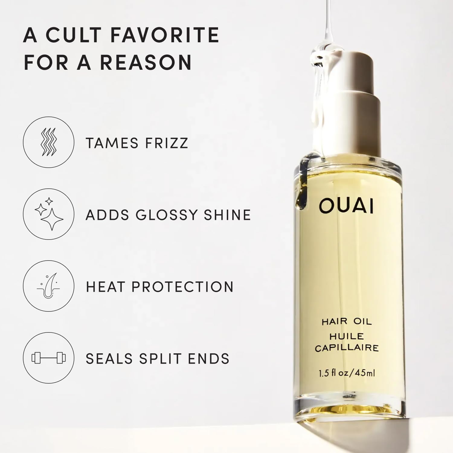 OUAI close-up texture of hair oil highlighting fast-absorbing glossy finish