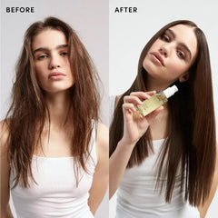 OUAI applying oil to damp hair demonstrating frizz control and detangling benefit
