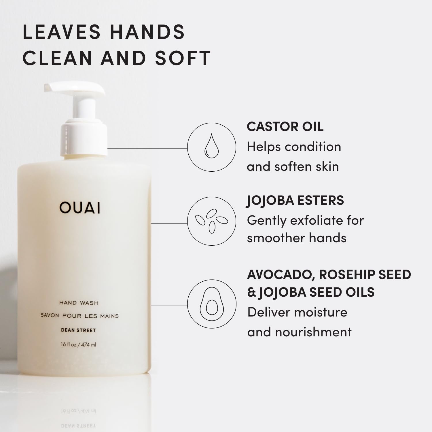OUAI oils and botanicals display emphasizing nourishing castor, avocado, and rosehip oils