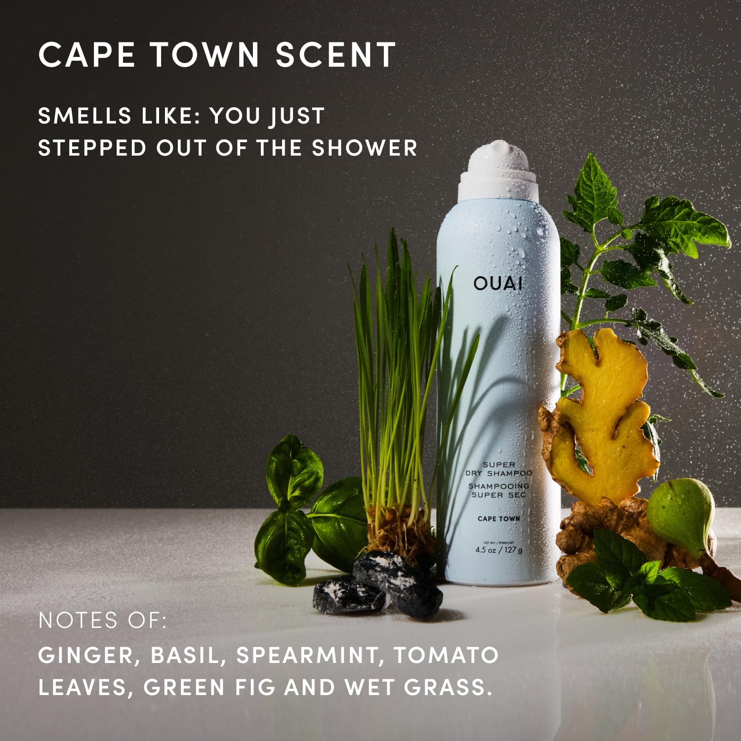 OUAI travel dry shampoo staged in bathroom setup showing convenience benefit