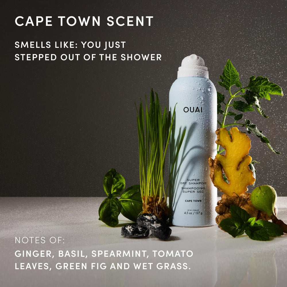 OUAI travel dry shampoo staged in bathroom setup showing convenience benefit