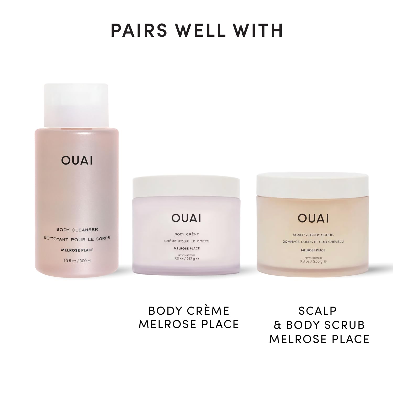 OUAI rosehip and jojoba ingredients display, emphasizes nourishing formulation
