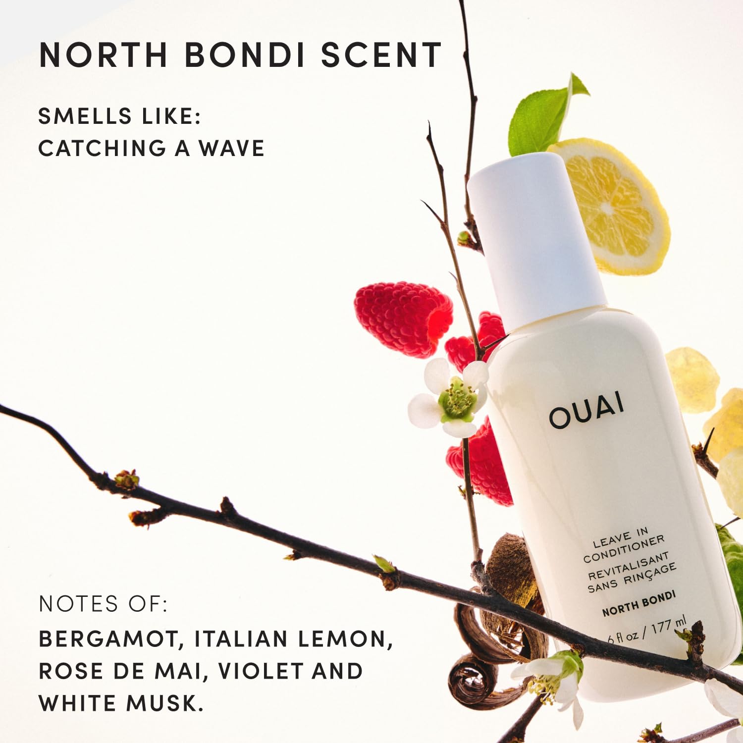 OUAI product label and North Bondi fragrance notes for lingering scent