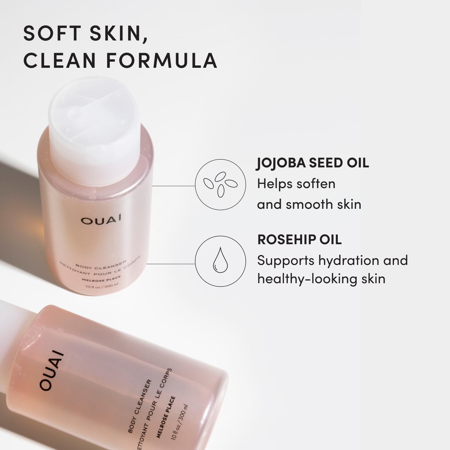 OUAI label ingredients detail, clarifies rosehip and jojoba oil benefits
