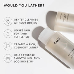 OUAI lather texture foam on hand illustrating rich suds and gentle cleansing action