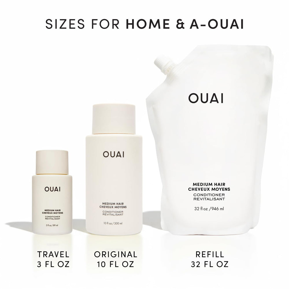 OUAI conditioner tucked in a travel toiletry bag for on-the-go convenience