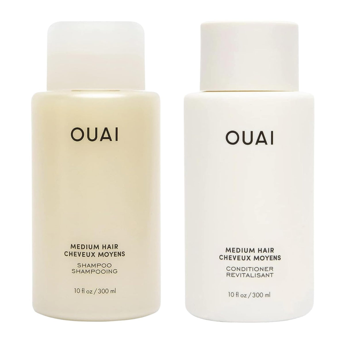 OUAI medium shampoo and conditioner front packaging showing full set and benefits