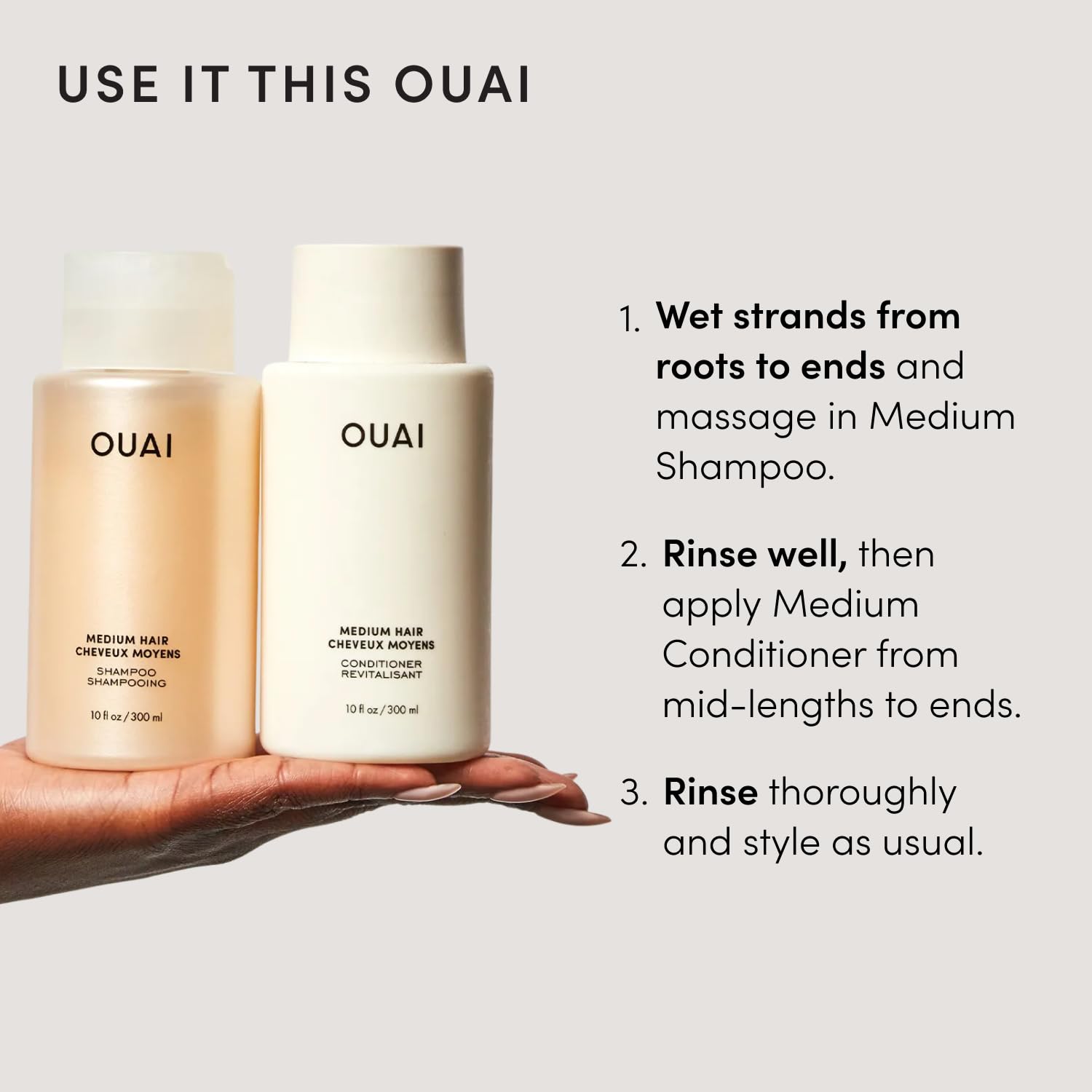 OUAI shampoo and conditioner in shower being rinsed for easy at-home use