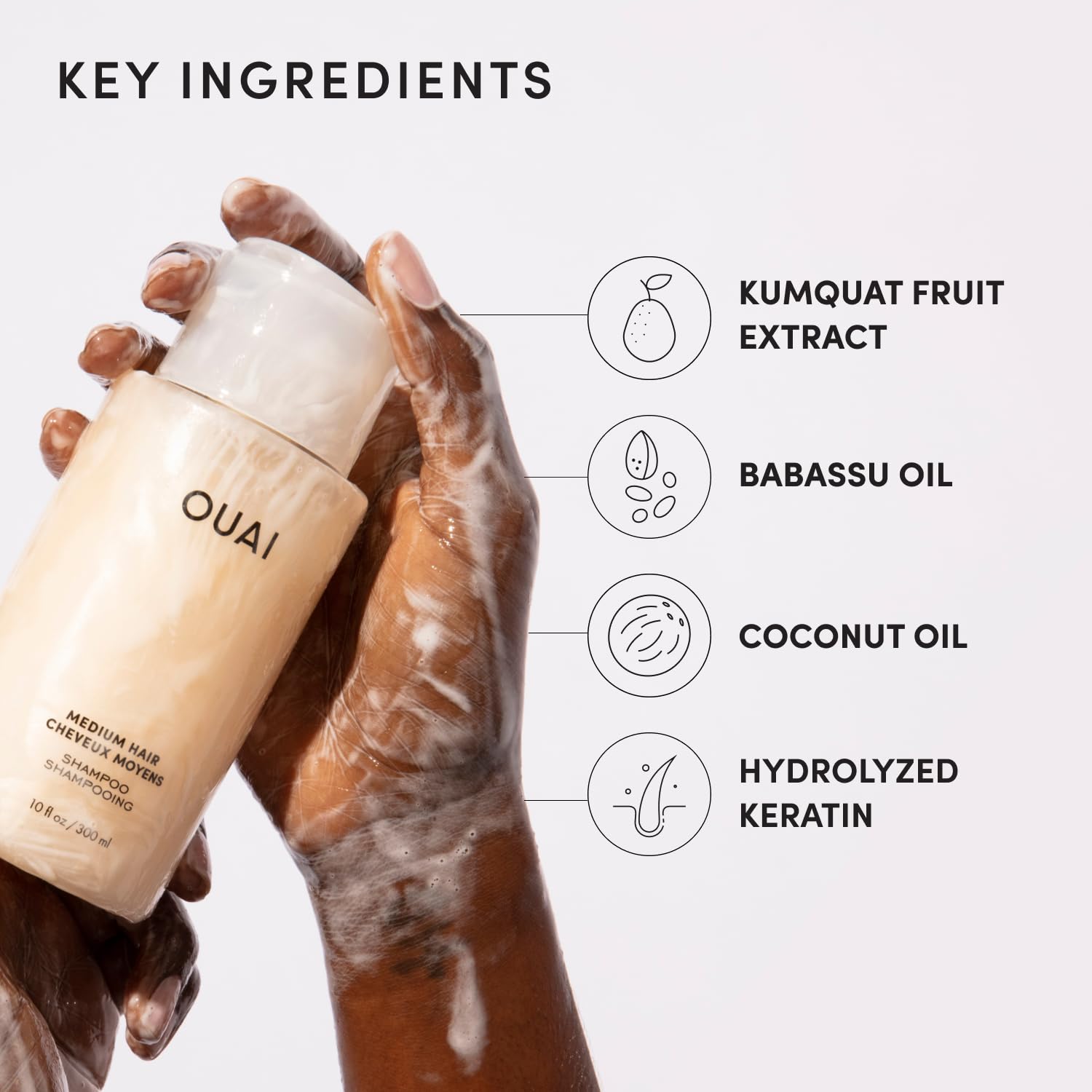 OUAI ingredients close-up showing babassu, coconut and keratin benefits