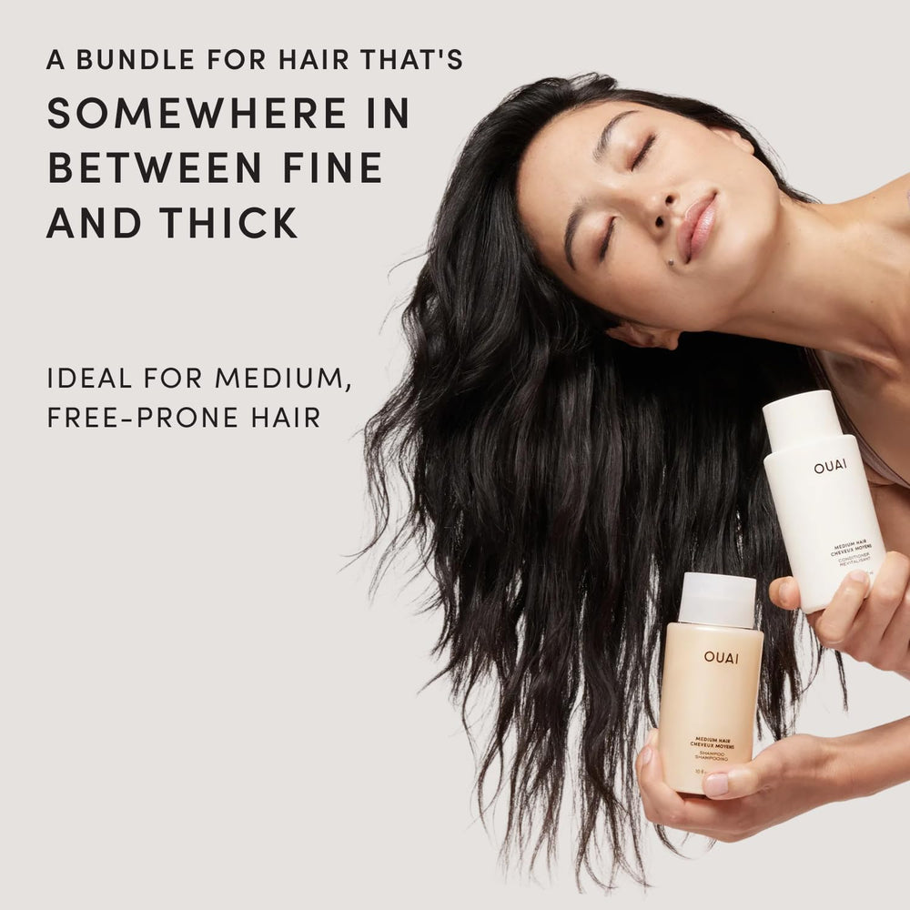 OUAI medium shampoo pump close-up highlighting easy dispensing and gentle cleanse