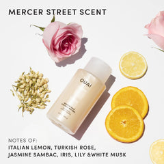 OUAI Medium shampoo refill pouring into bottle to show easy refill and lower waste