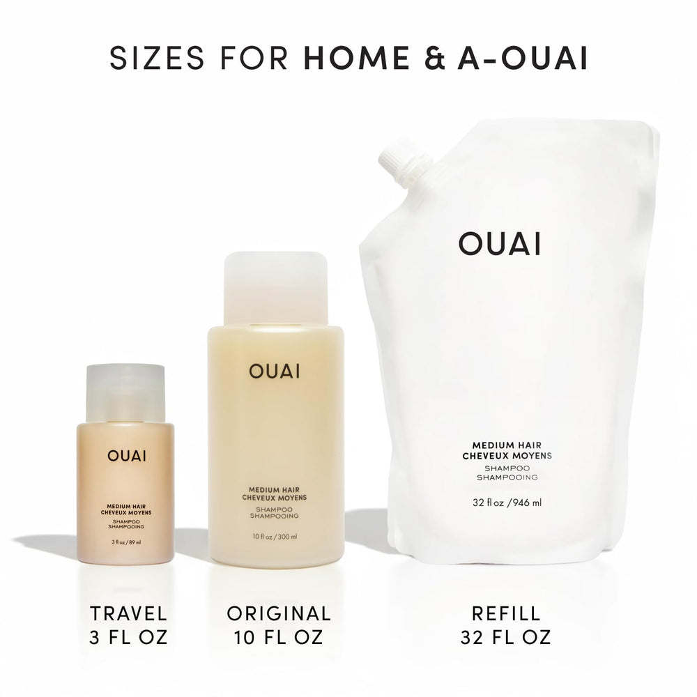 OUAI Medium shampoo refill being poured into reusable bottle promoting sustainable use