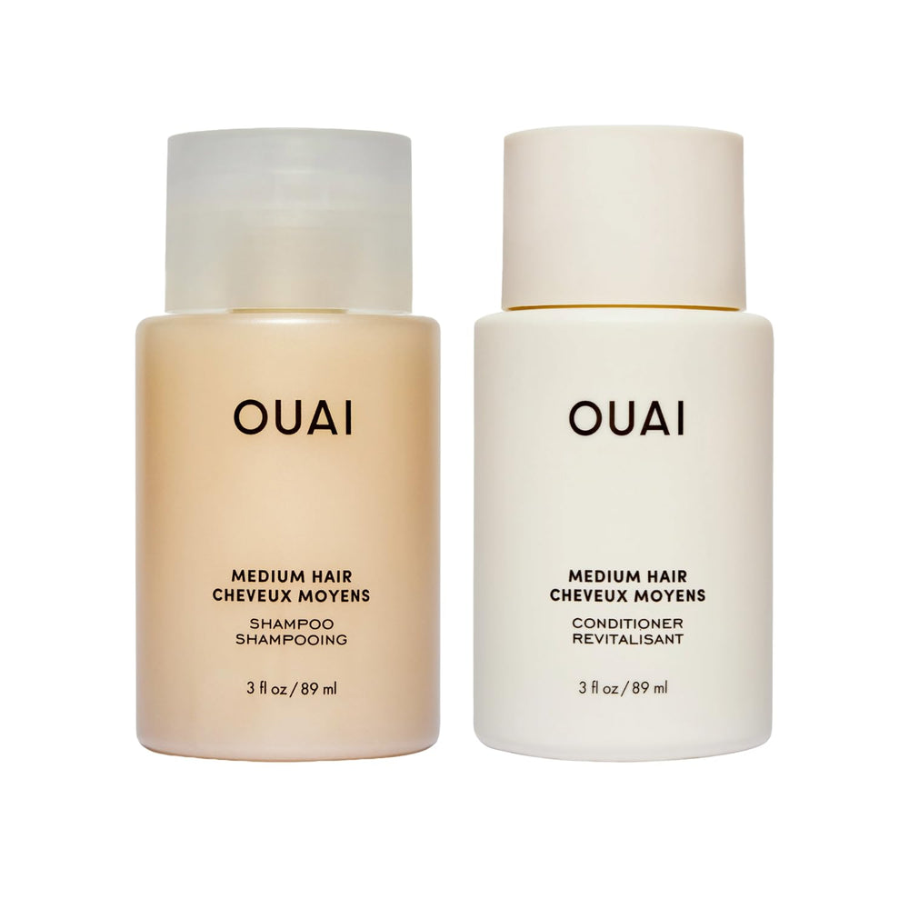 OUAI travel shampoo and conditioner front view showing compact bottles and convenience