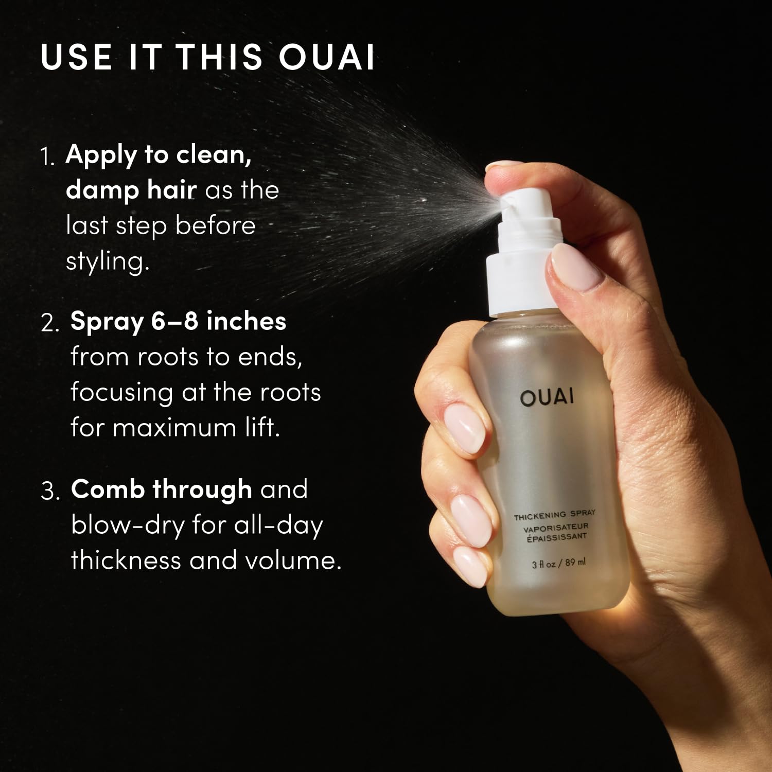 OUAI spray nozzle detail for precise, even product distribution