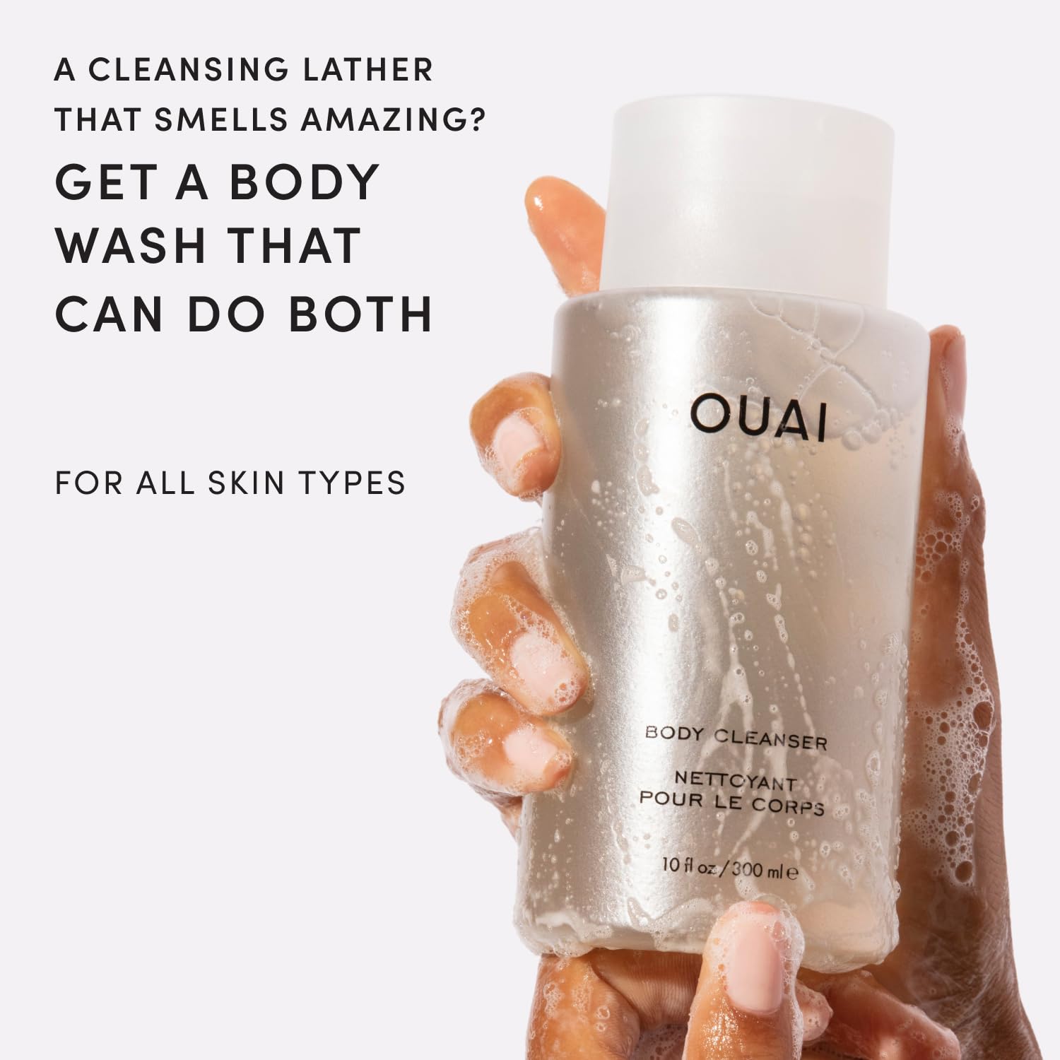 OUAI pump close-up demonstrating foaming dispenser for quick, controlled application