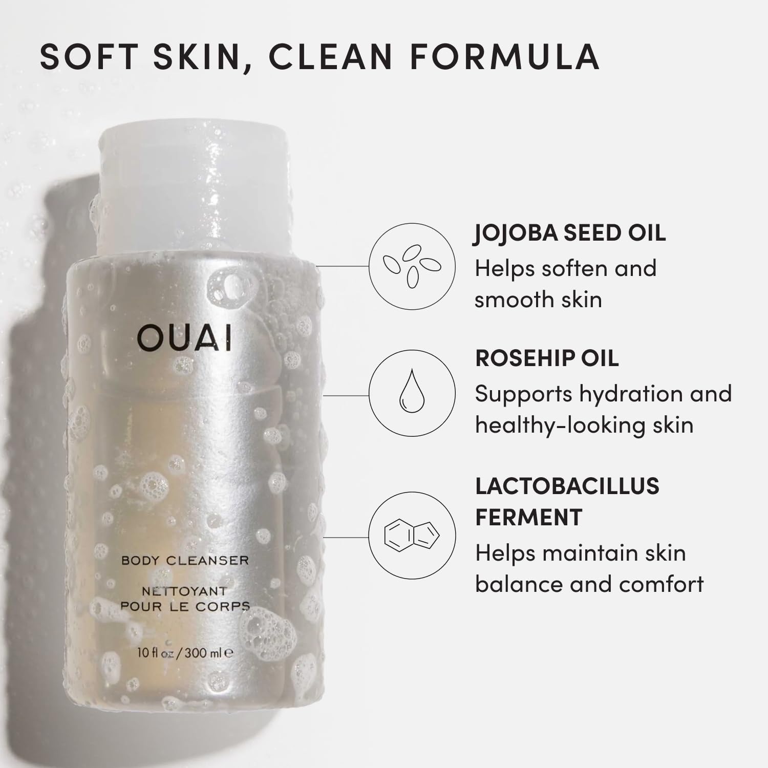 OUAI size comparison with common items to show compact 10 fl oz travel-friendly benefit