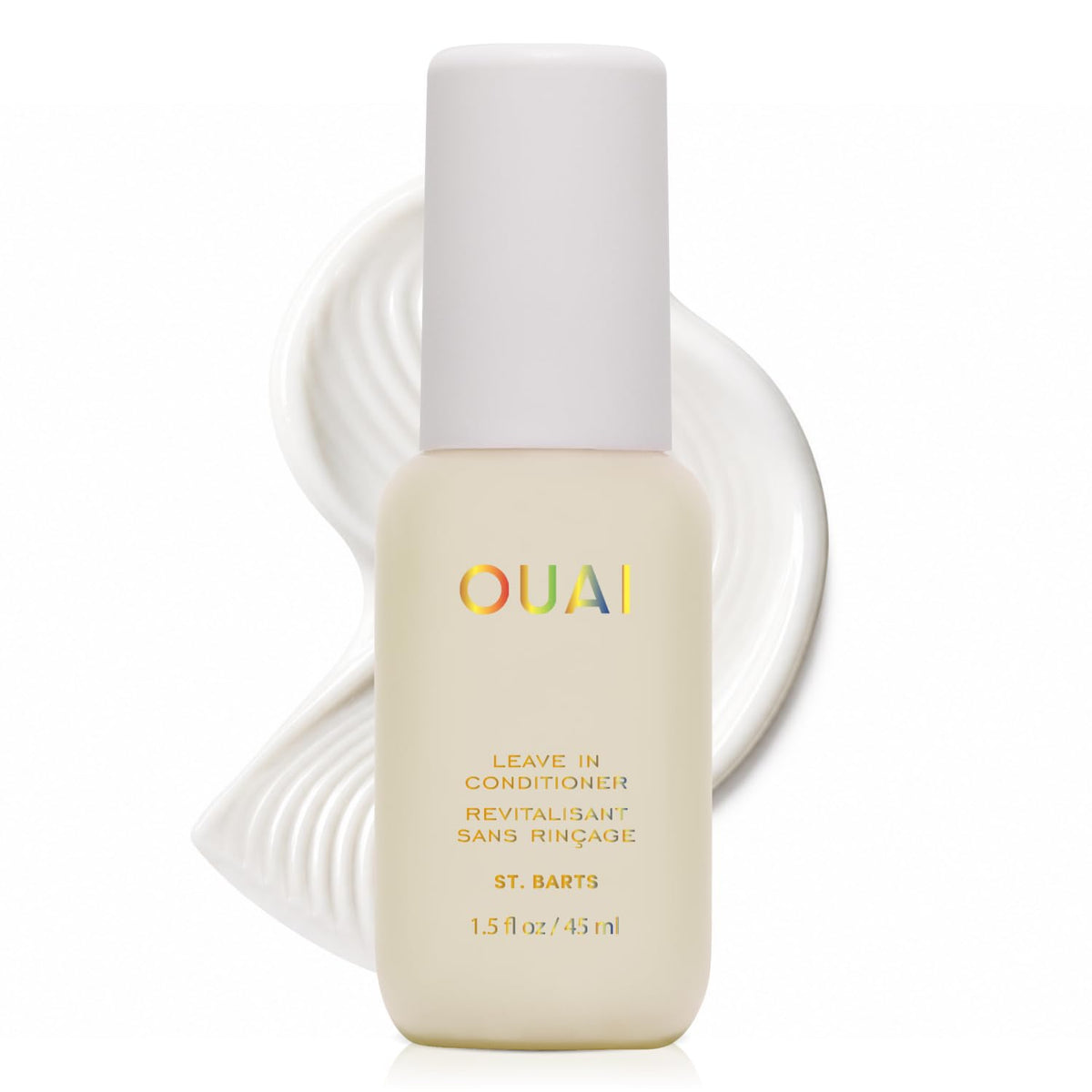 OUAI travel bottle front view showing compact design and label benefit