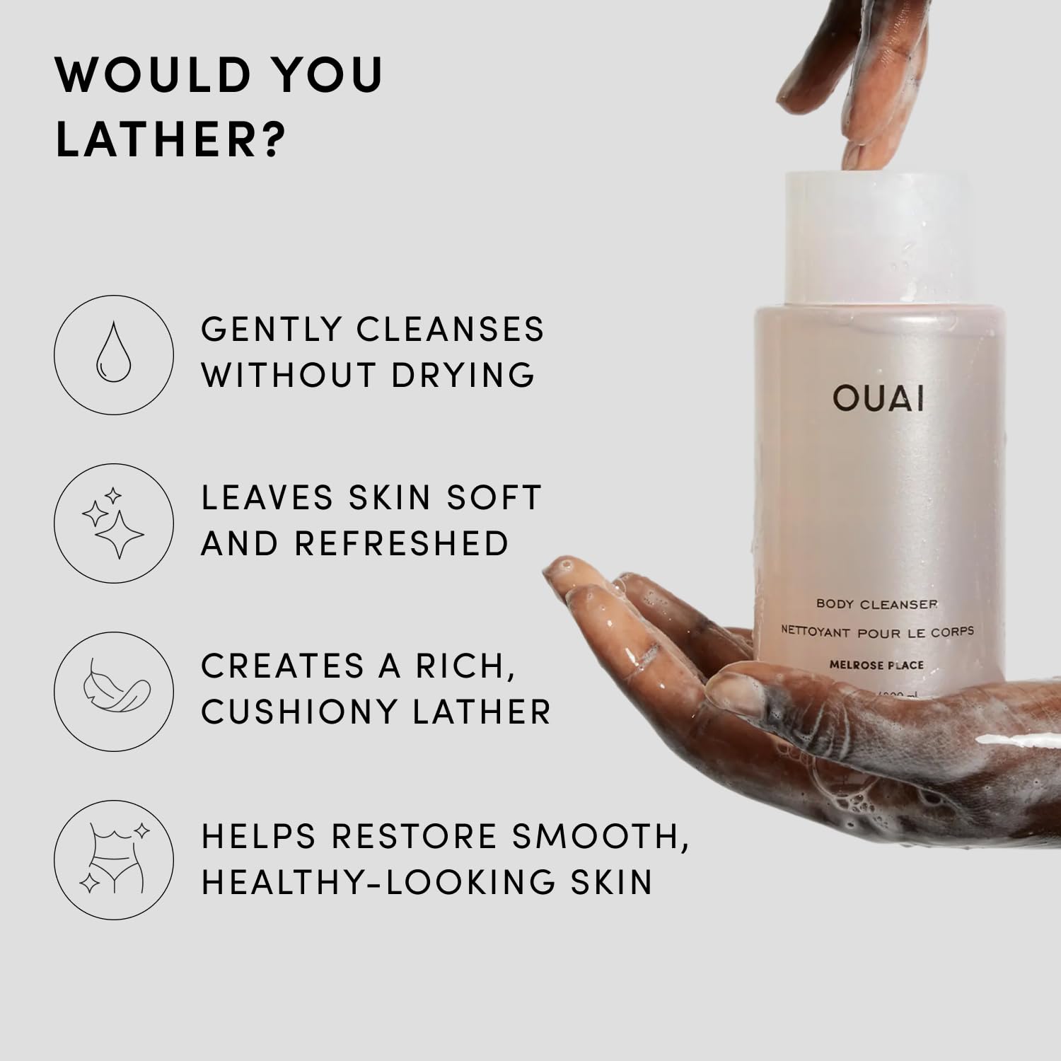 OUAI close-up of creamy foam texture, demonstrates rich lather benefit