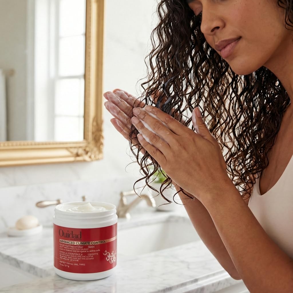 Stylist applying Ouidad mask in a salon setting for professional care