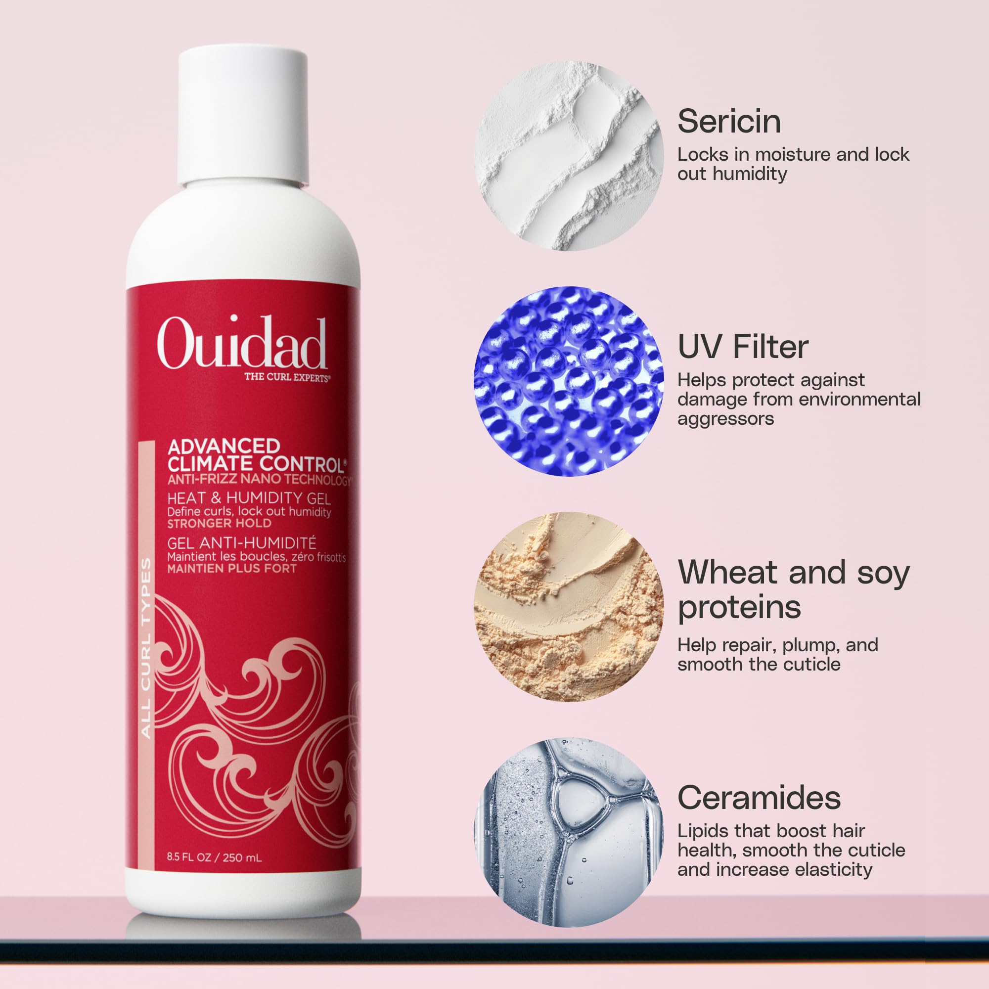 Close up of sericin ingredient depiction highlighting frizz protection