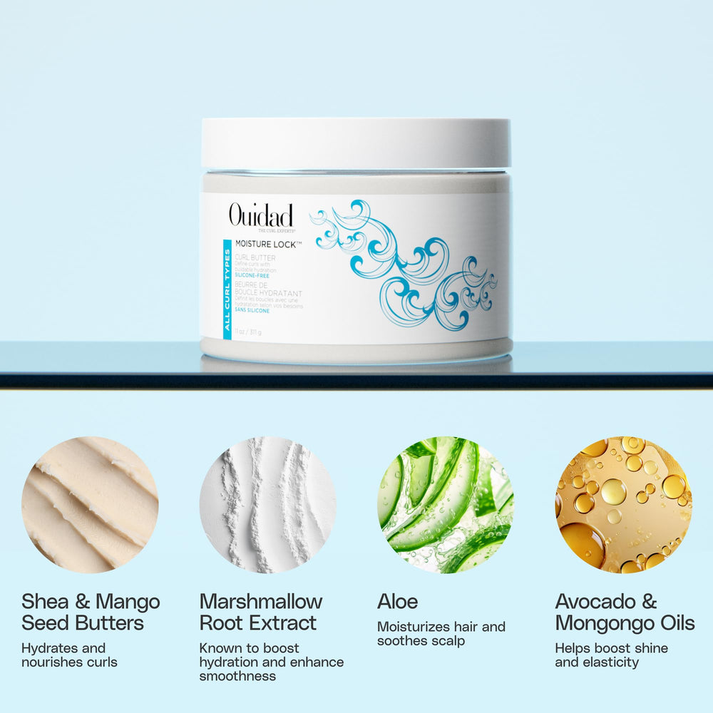 Ouidad ingredient layout with shea mango and avocado oils for hydration