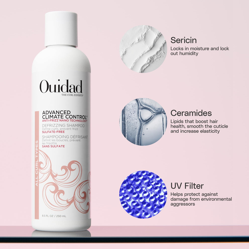 Ouidad shampoo pump close-up demonstrating gentle, sulfate-free cleansing benefit