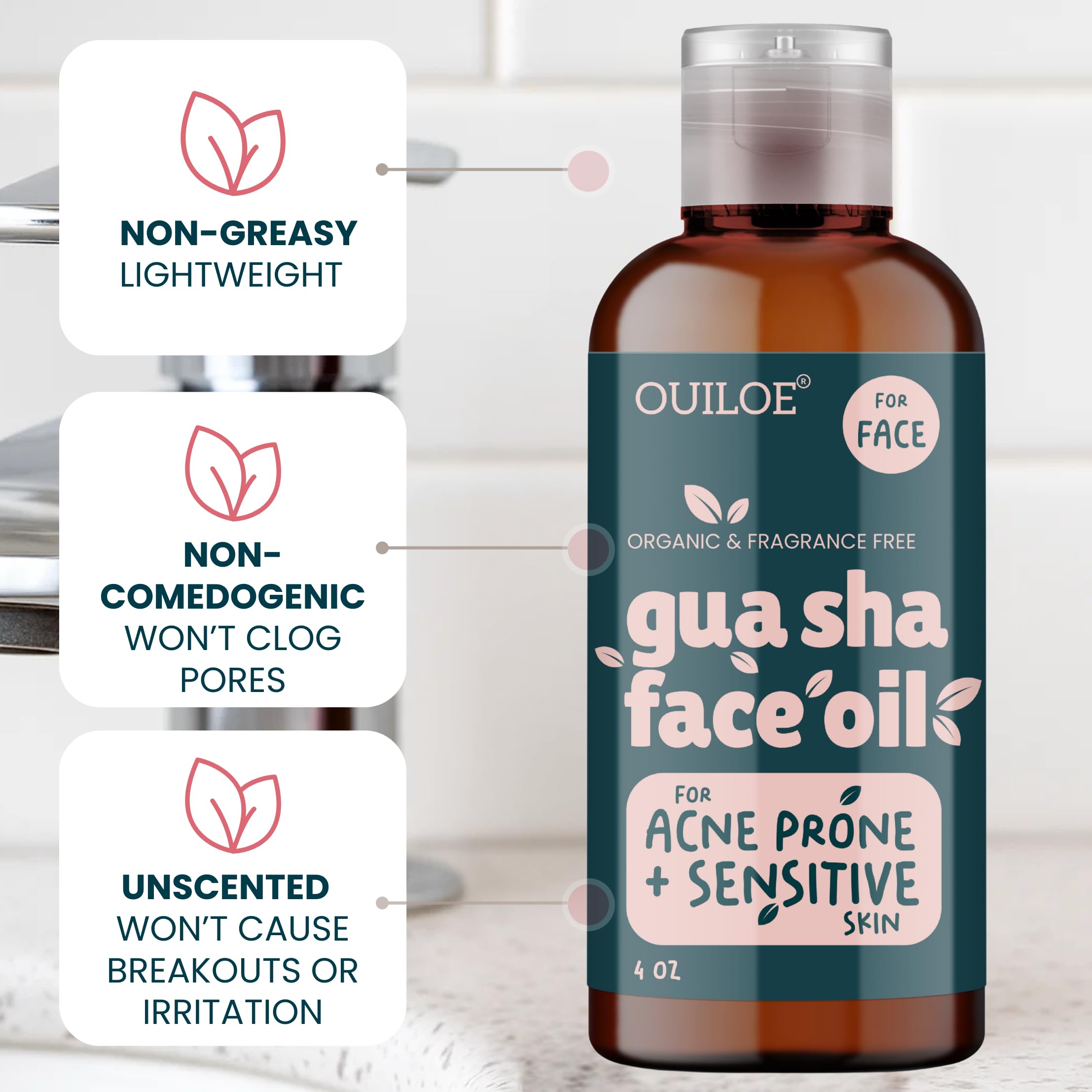 Ouiloe oil used with gua sha tool, shows smooth glide and reduced skin tugging