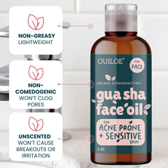 Ouiloe oil used with gua sha tool, shows smooth glide and reduced skin tugging
