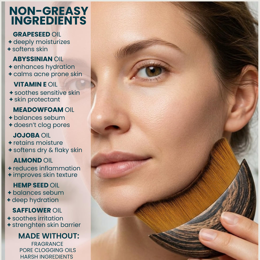 Ouiloe oil applied to cheek, demonstration of quick absorption and soft finish