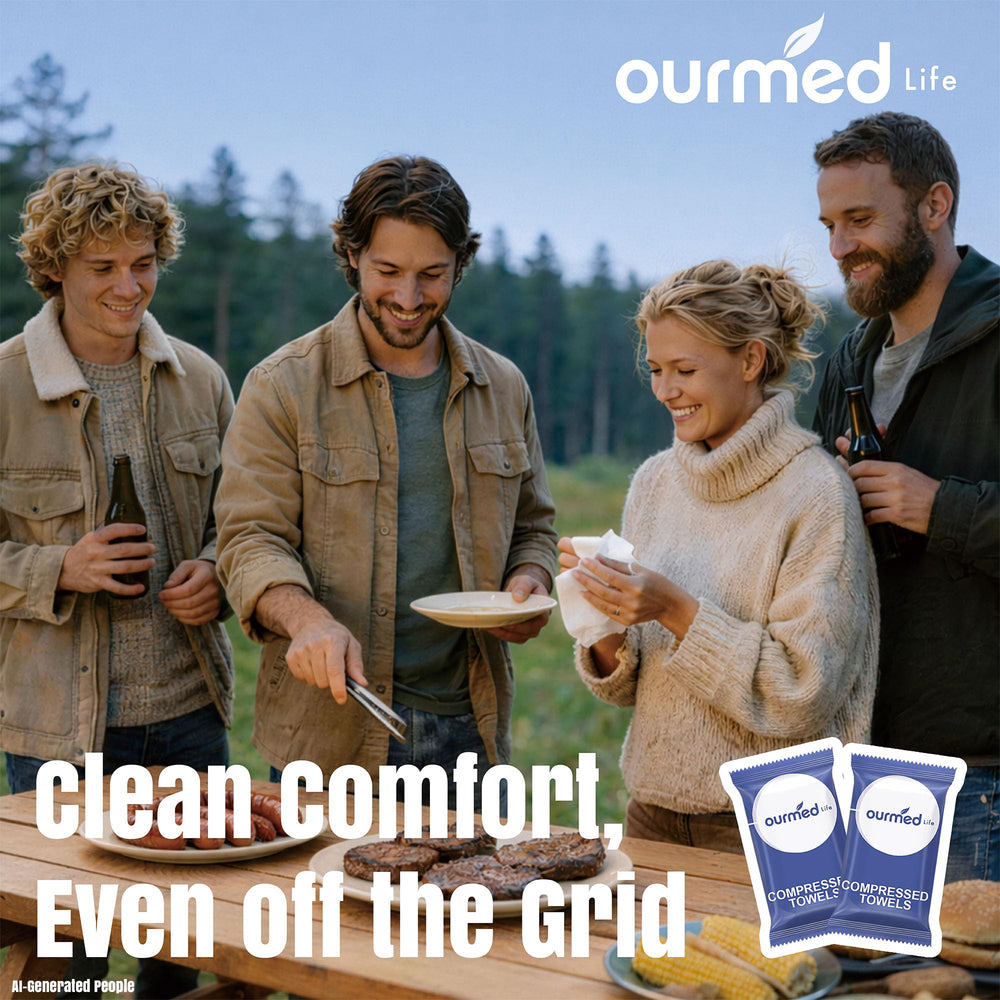 Ourmed Life towel held in hand for scale and ease-of-carry benefit