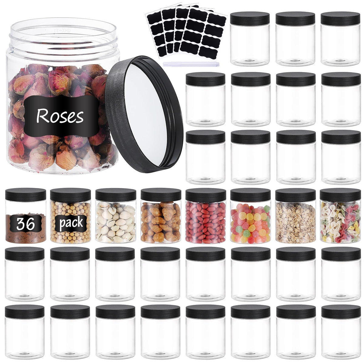 OUSHINAN front view of 36 clear jars showing quantity and benefit of uniform storage
