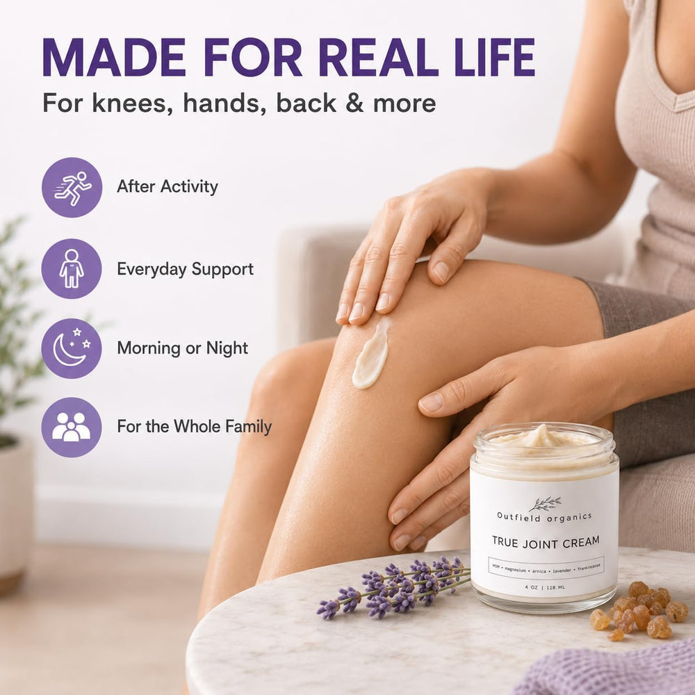 outfield brand jar on bathroom shelf styled for daily routine and calming scent benefit
