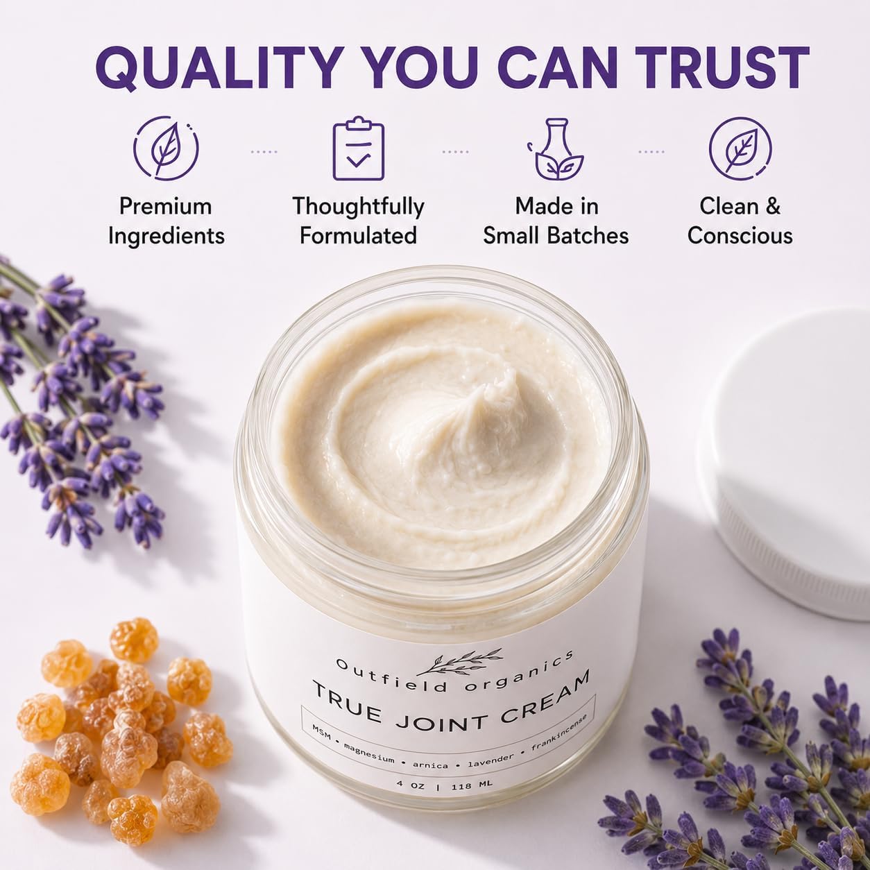 outfield brand jar next to common objects showing 4 oz travel-friendly benefit