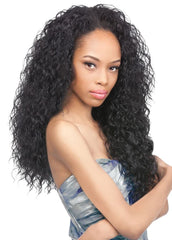 Outre half wig front view showing natural hairline and easy blend benefit