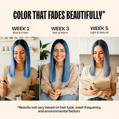 oVertone after-rinse blue tone on hair showing glossy conditioned finish