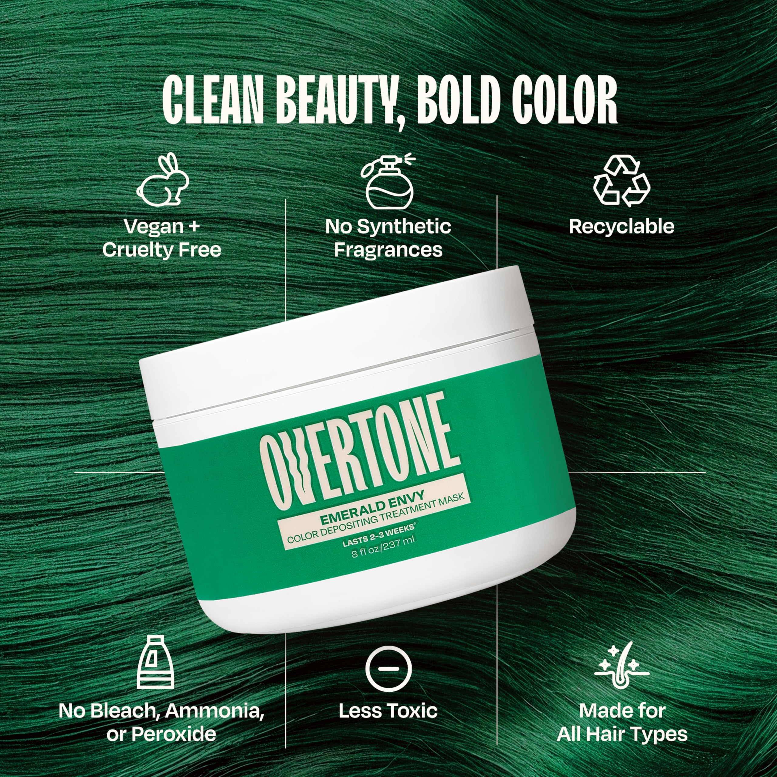 oVertone Emerald Envy on straight hair showing subtle emerald sheen and smooth finish