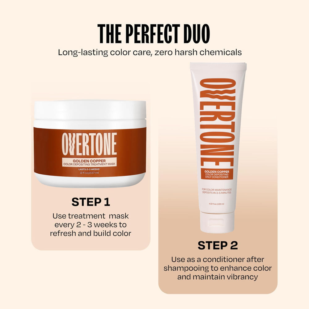 oVertone before and after strand showing warm copper payoff benefit