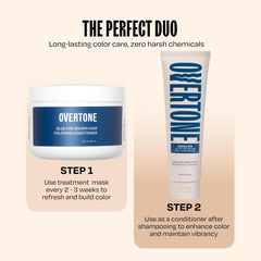 oVertone Indigo Iris before and after hair comparison showing visible color-depositing benefit