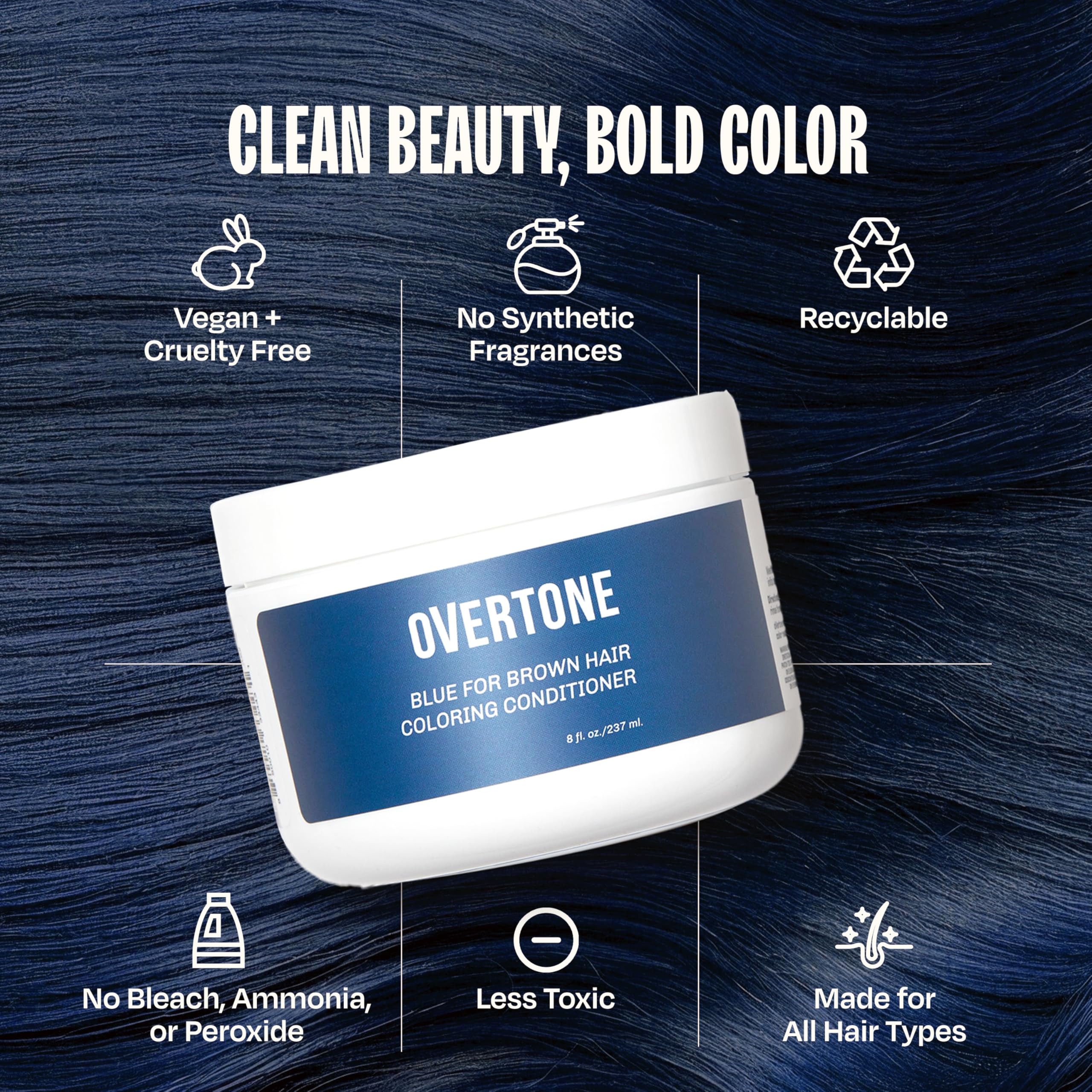 oVertone Indigo Iris on brunette hair showing subtle blue-violet sheen benefit