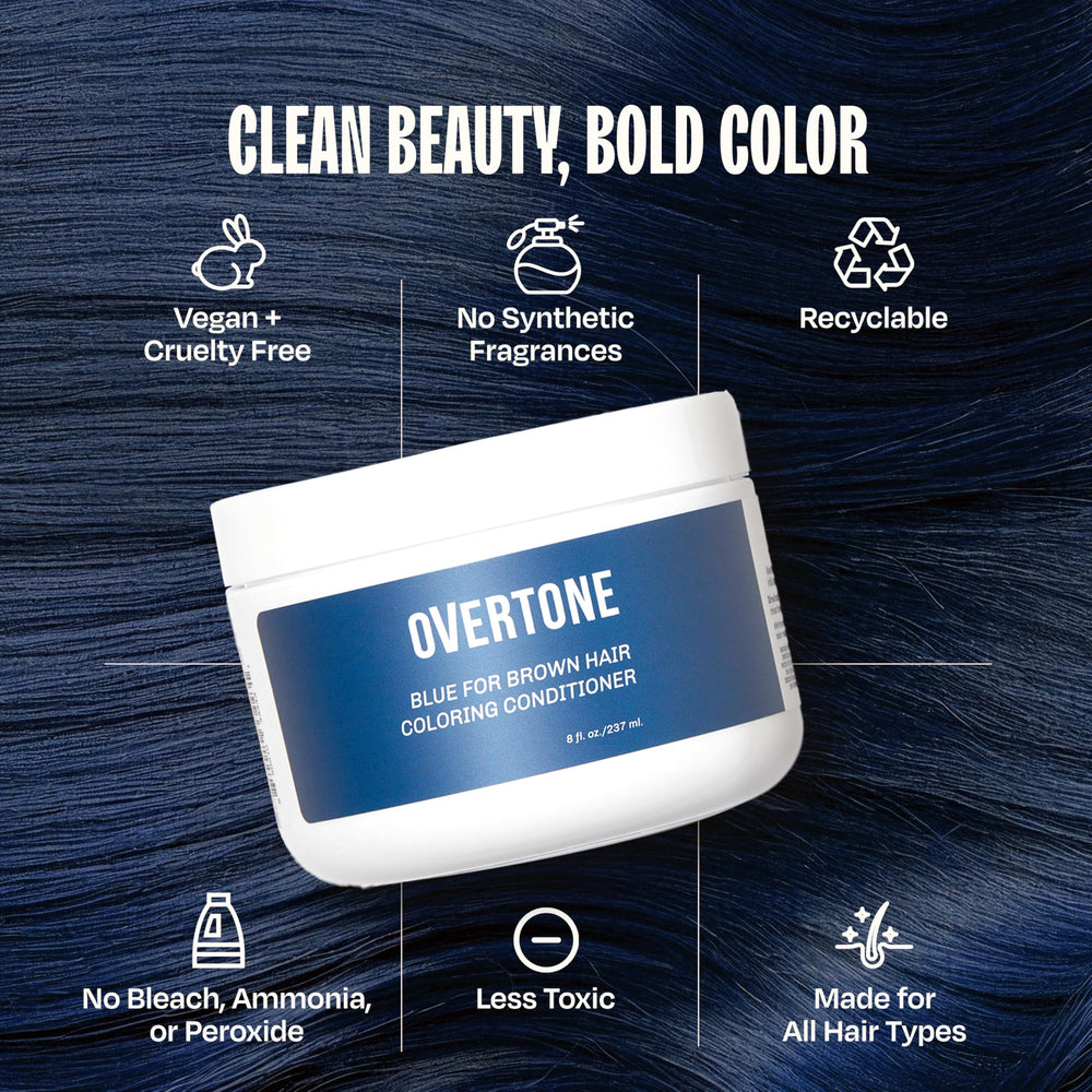 oVertone Indigo Iris on brunette hair showing subtle blue-violet sheen benefit