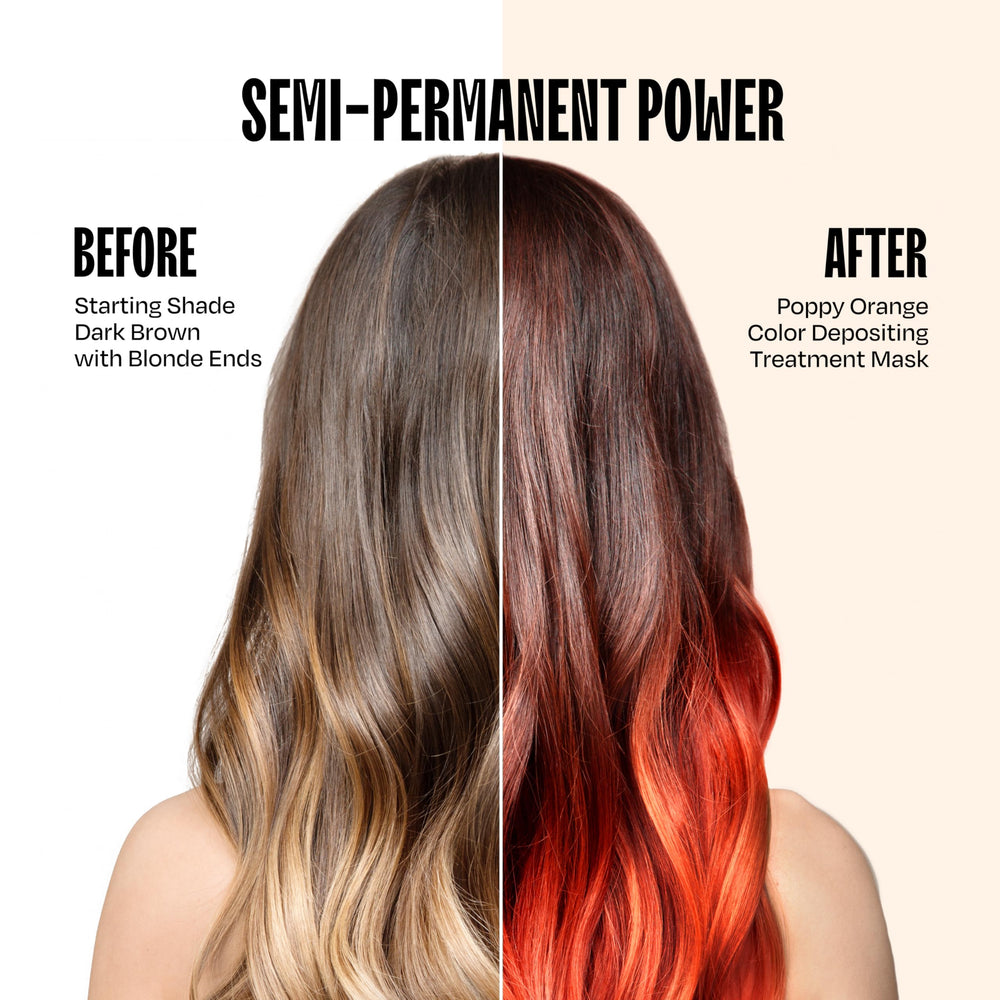 oVertone applying poppy orange mask to dry hair for vibrant deposit benefits